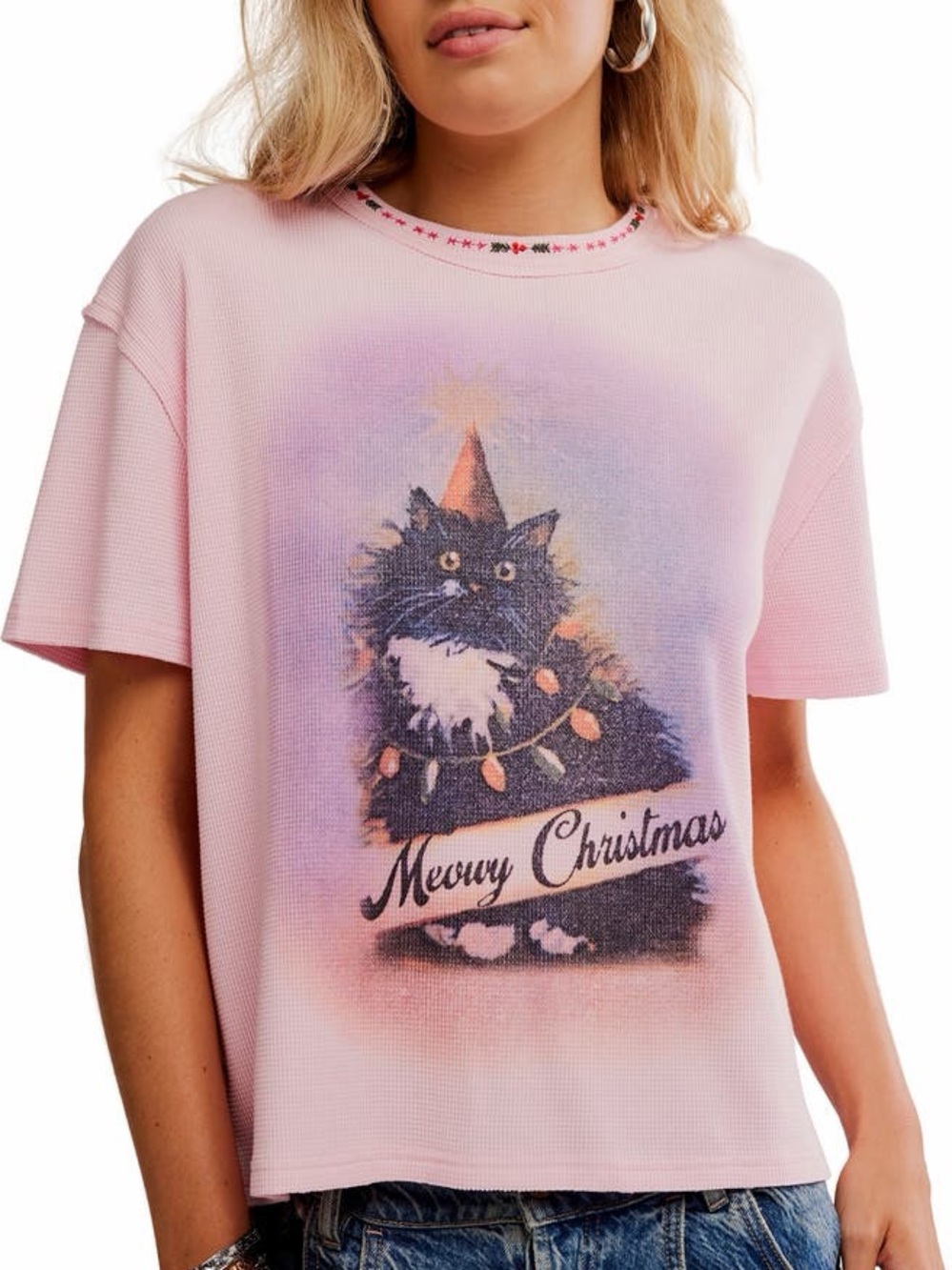 Free People Pink Merry Christmas Cat Holiday Waffle Knit Cotton Graphic T-Shirt